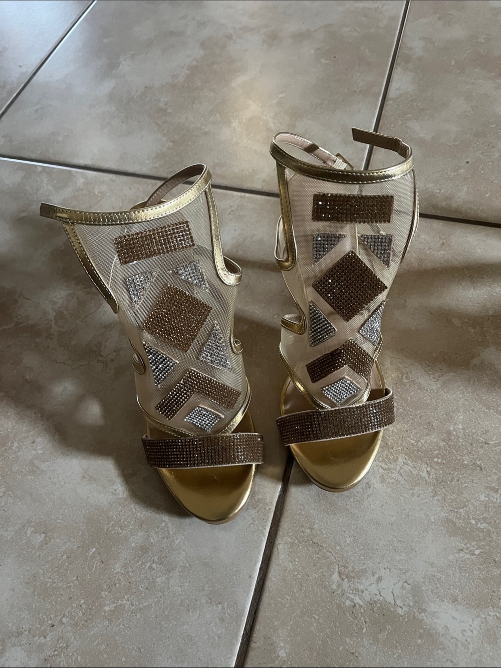 Thalia Sodi Gold Mesh High-Heel Sandals with Brown Crystal Accents